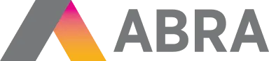 Logo Abra se šedým a žlutým trojúhelníkem a růžovým gradientem