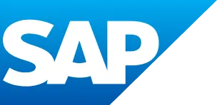 SAP logo – bílý nápis na modrém pozadí se skloněným tvarem