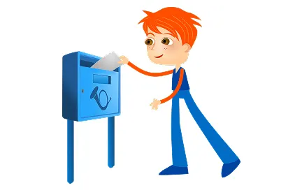Postava s oranžovými vlasy v modrém oblečení vhazuje papír do modré poštovní schránky