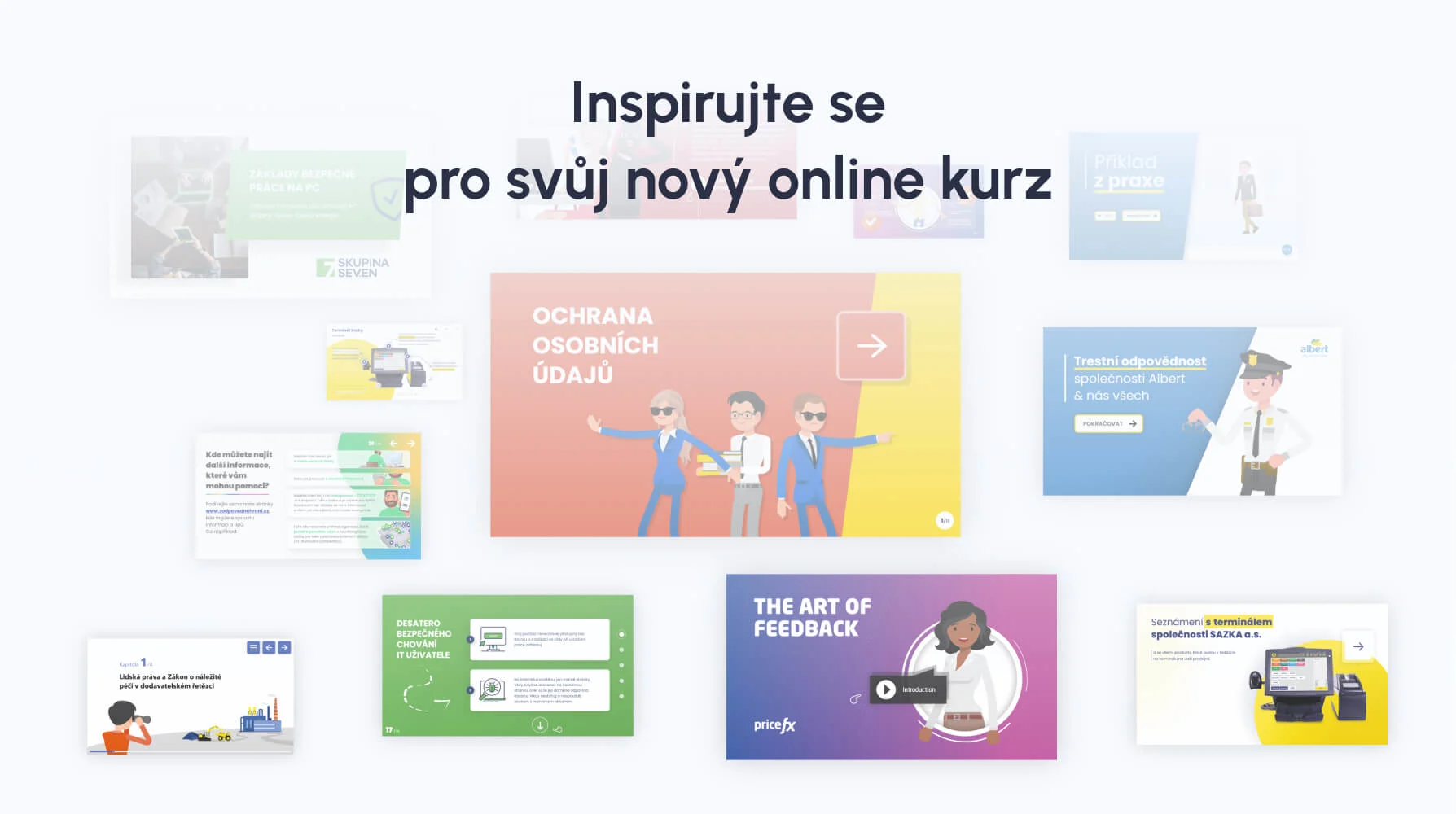 Collage of online course and training program thumbnails with Czech text, featuring illustrated characters and colorful design elements in blue, green, pink, and yellow