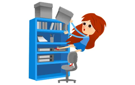 Cartoon character with red hair in blue clothing reaching toward a blue shelving unit with books and storage boxes, with an office chair below