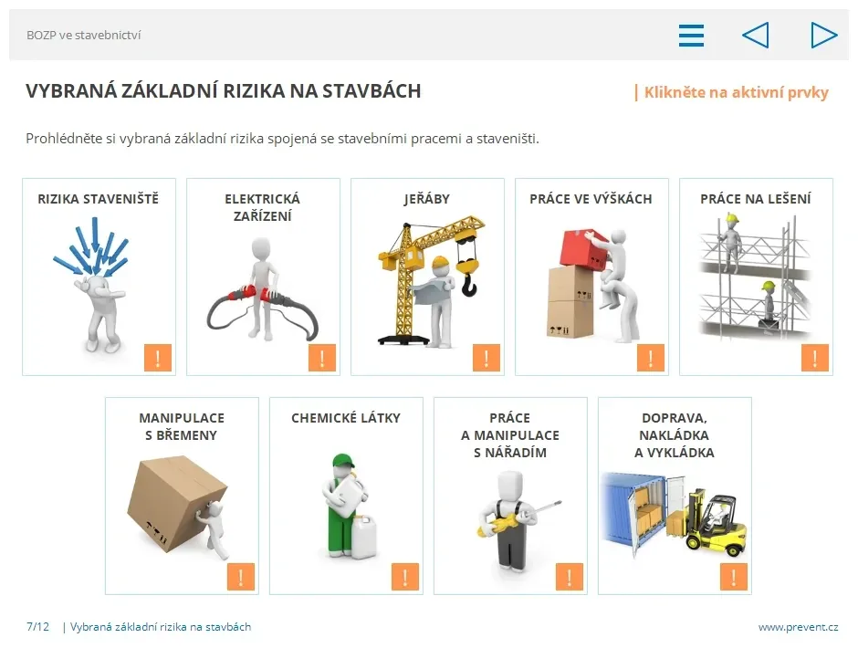 Construction safety infographic showing risks such as injuries, electrical hazards, cranes, work at height and scaffolding.