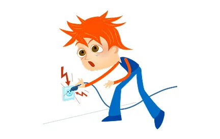 Cartoon character with spiky orange hair receiving electrical shock from a wall outlet while holding a wet object