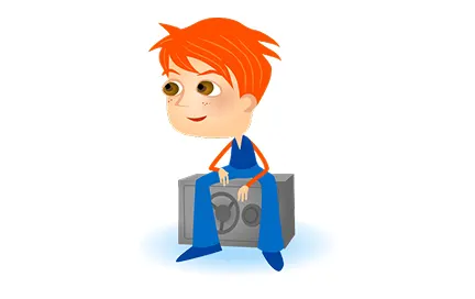 Cartoon character with orange spiky hair sitting on a gray suitcase, wearing a blue shirt and cape
