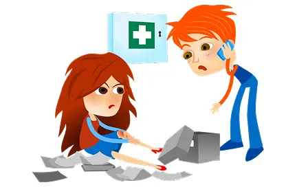 Person with red hair applying first aid bandage to injured person's arm while first aid kit with white cross symbol is visible in background