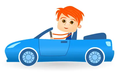Boy with orange hair driving a blue convertible car