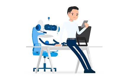 Man sitting at desk interacting with blue artificial intelligence robot interface on computer screen