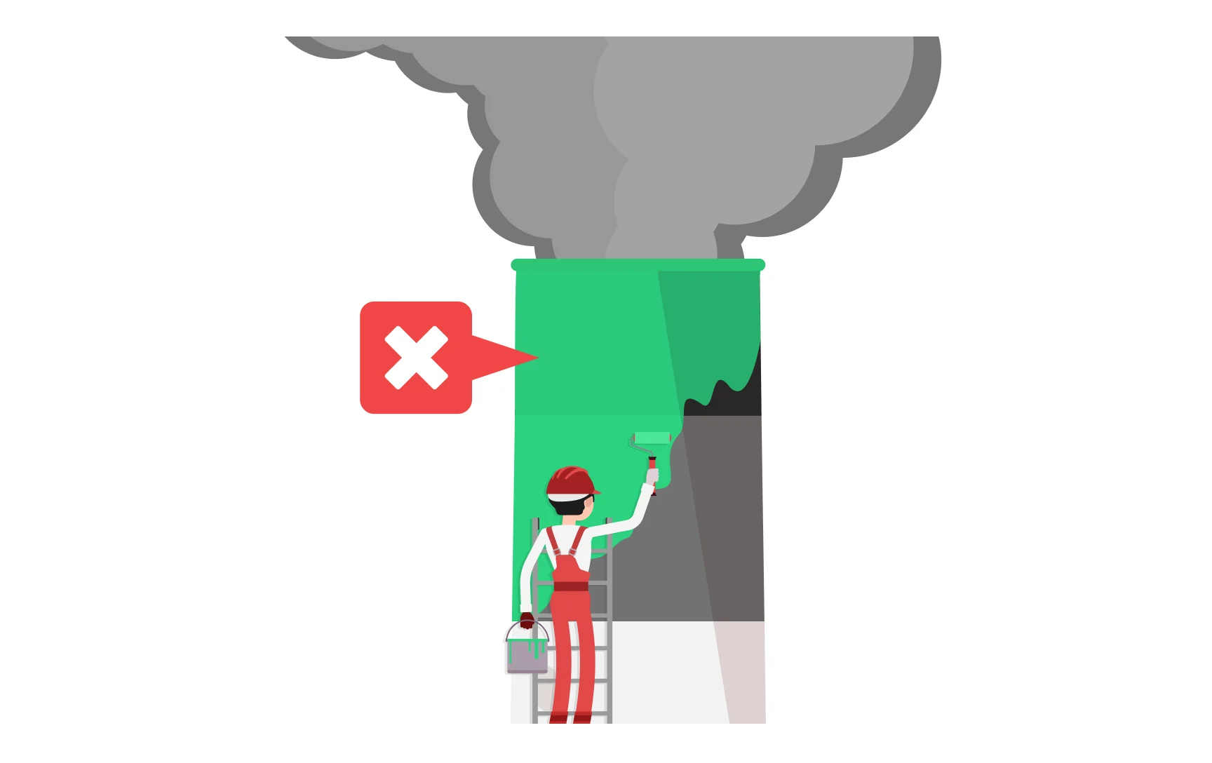 Worker painting green facade over gray pollution and dark interior, with red X mark indicating false environmental claims