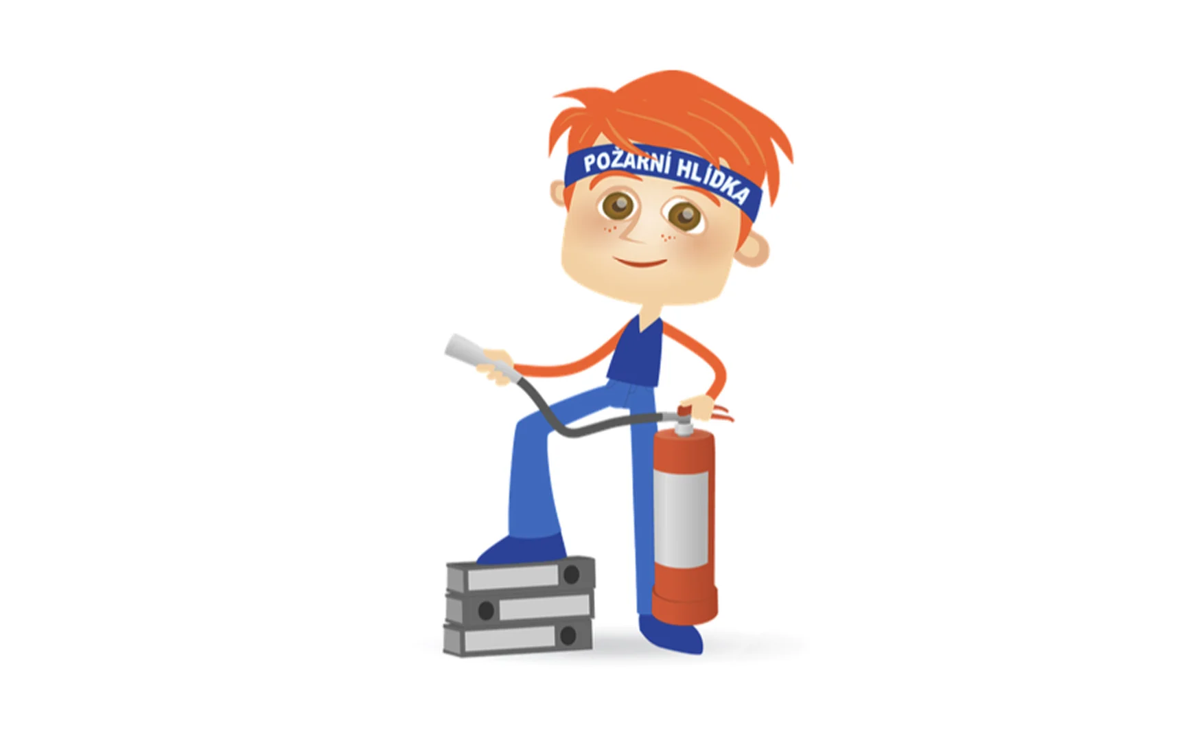 Cartoon firefighter character with orange hair and blue headband holding a fire extinguisher next to stacked boxes