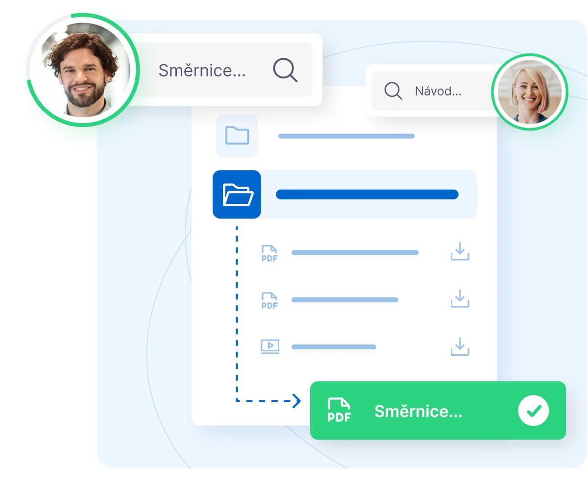 File sharing interface showing two users with profile photos, search fields, a folder with documents including PDFs and video files, and a green confirmation button for PDF sharing