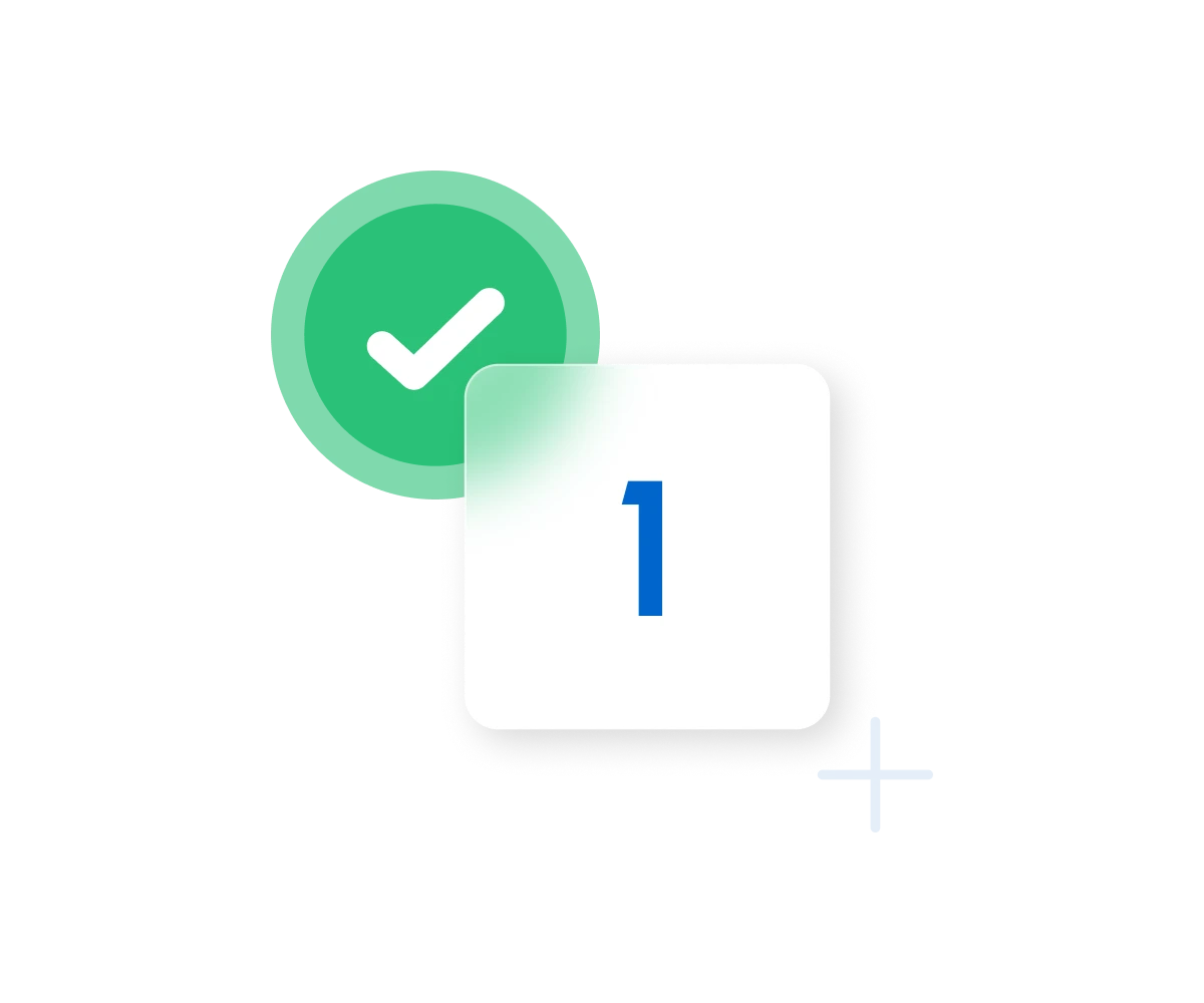 Green checkmark circle overlapping a white card displaying the number 1 in blue