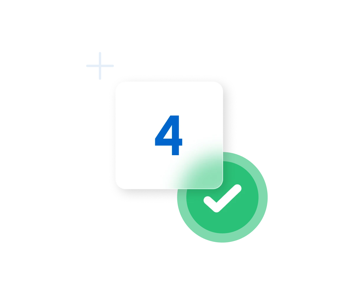 Blue number 4 on a white card with a green circular checkmark badge below it