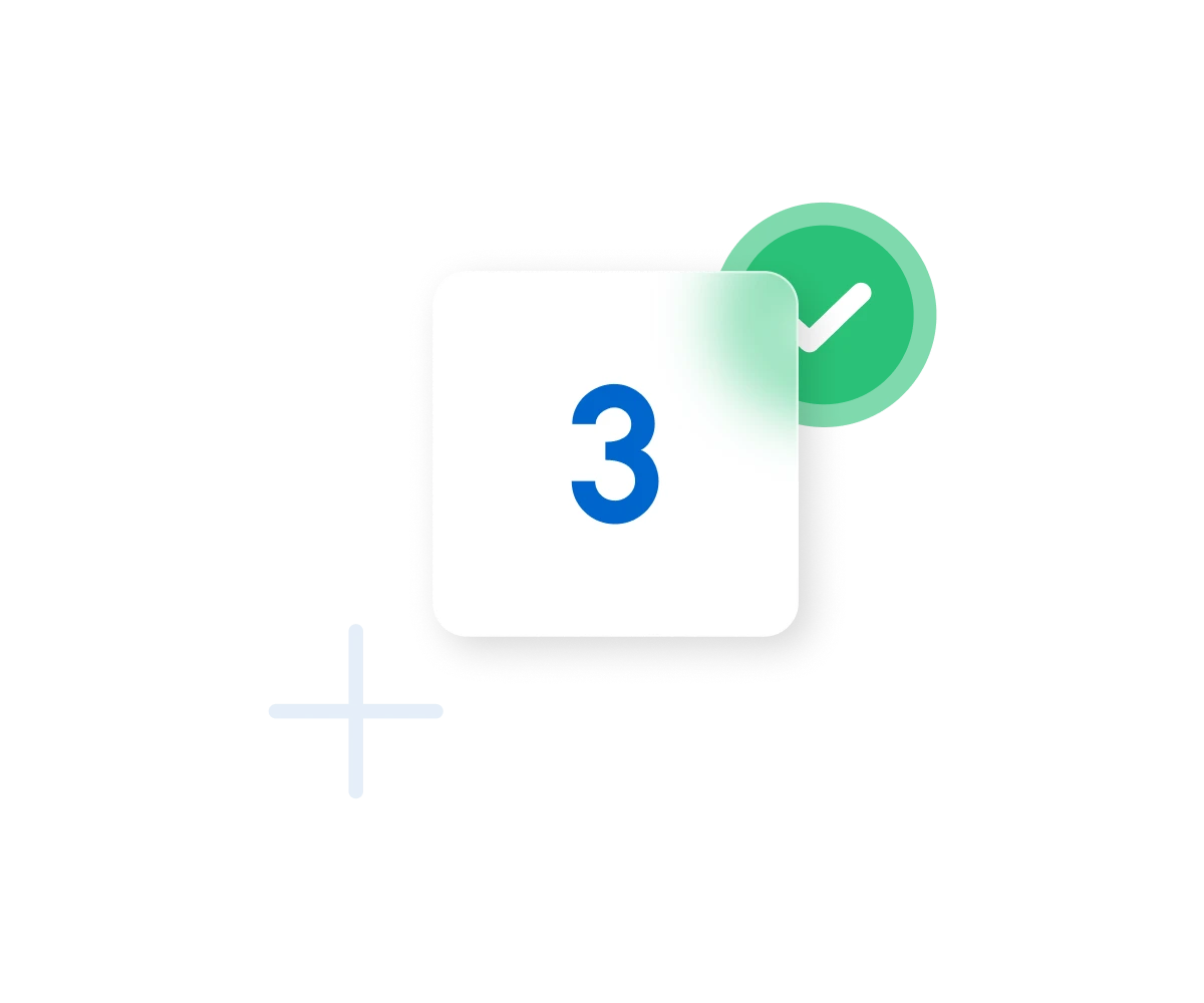 White card displaying blue number 3 with green checkmark circle and plus symbol