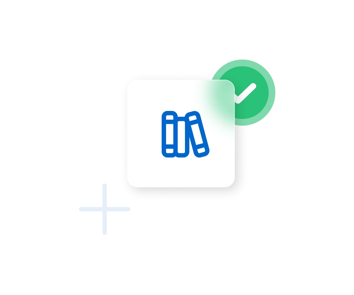 Blue books icon on white card with green checkmark circle badge