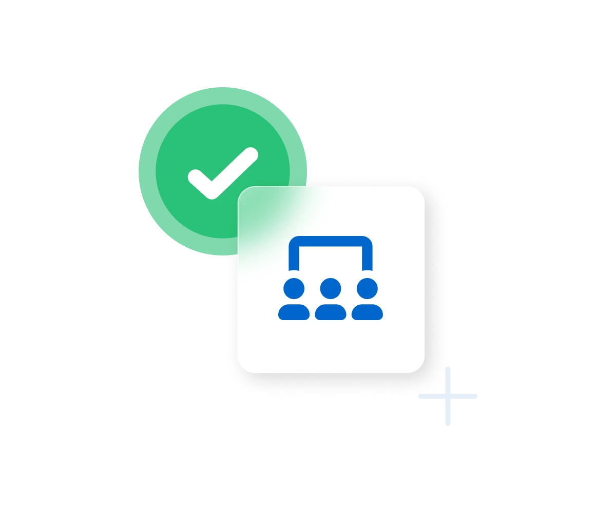 Green checkmark circle with white tick mark overlapping a white card containing blue icon of six people arranged in two rows under an arch