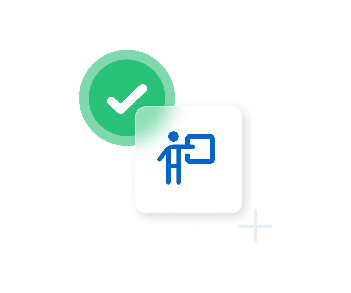 Green checkmark circle above a white card with blue icon of a person pointing at a presentation board
