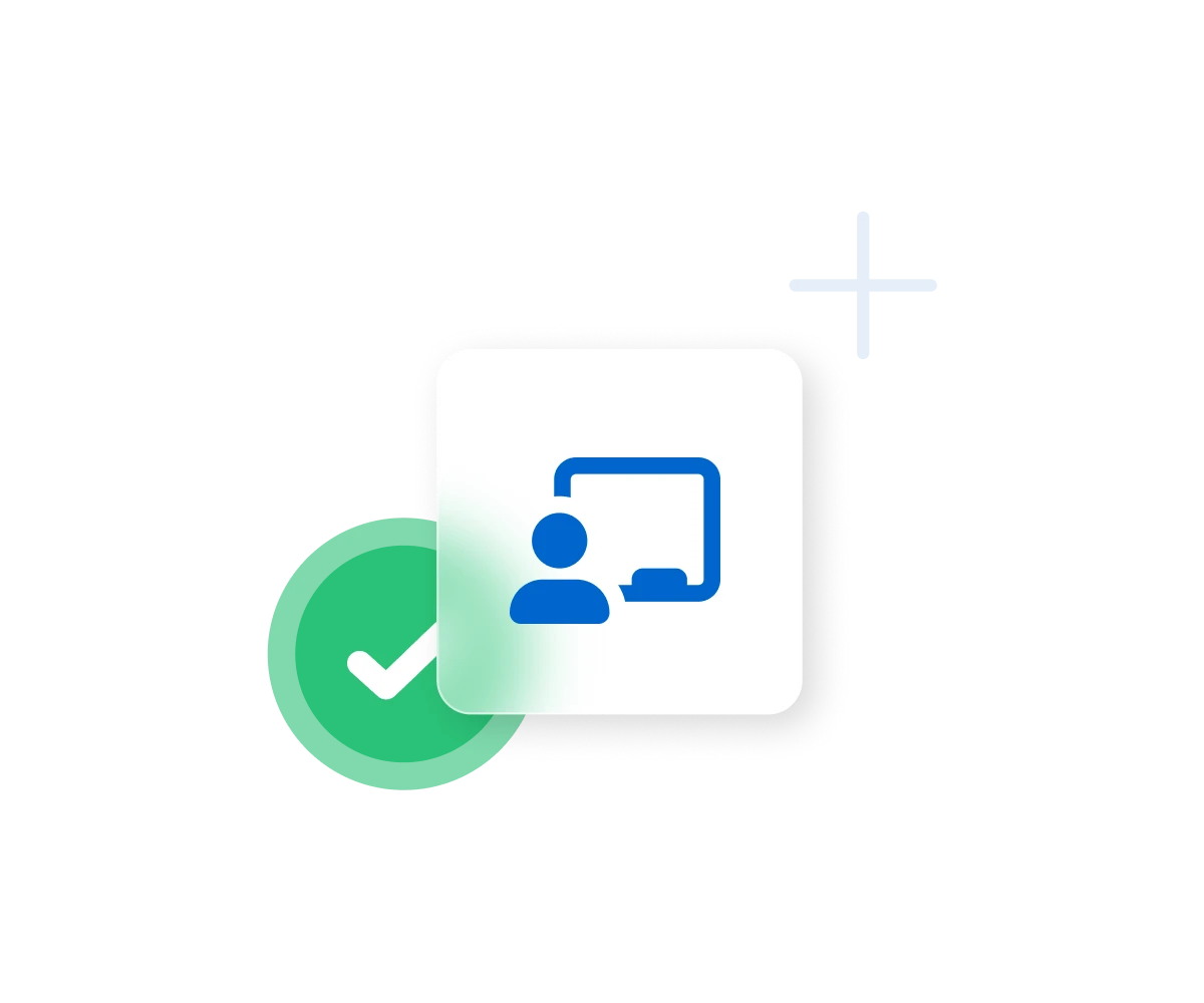 Green checkmark circle with white tick next to blue user profile icon in rounded square frame