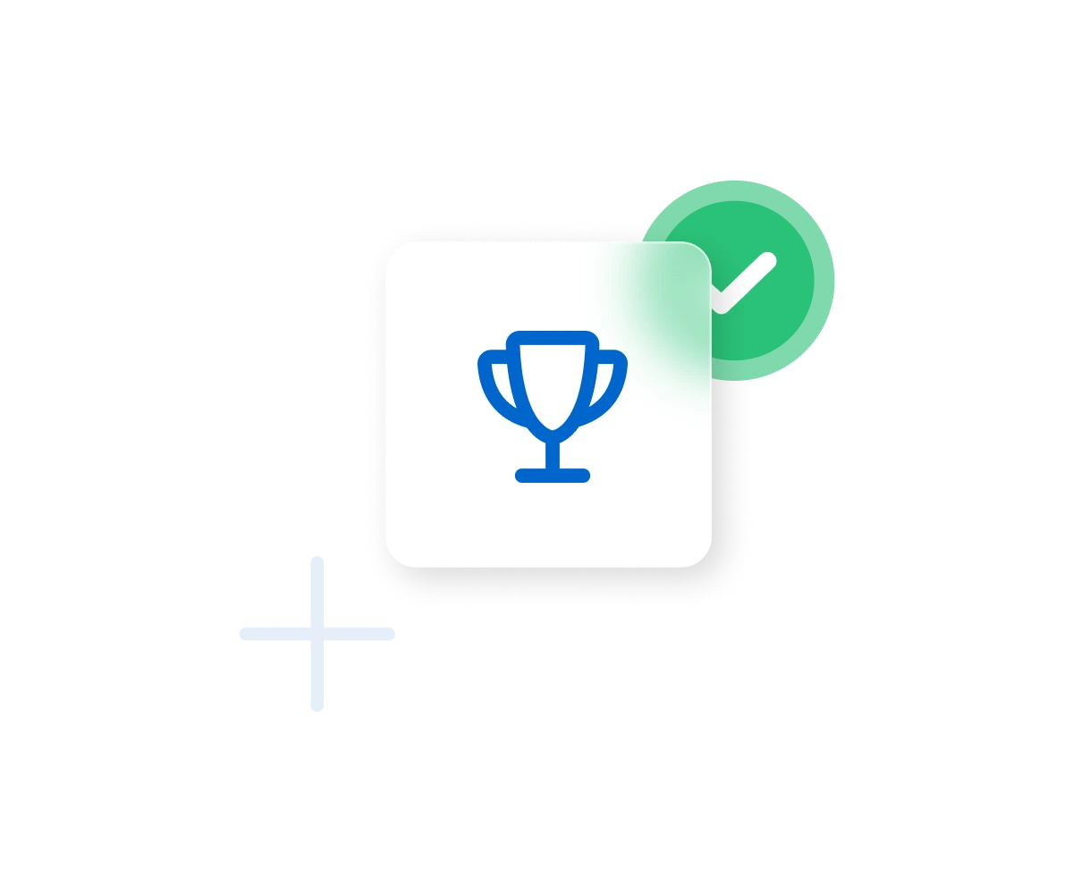 Blue trophy icon on white card with green checkmark circle and plus symbol