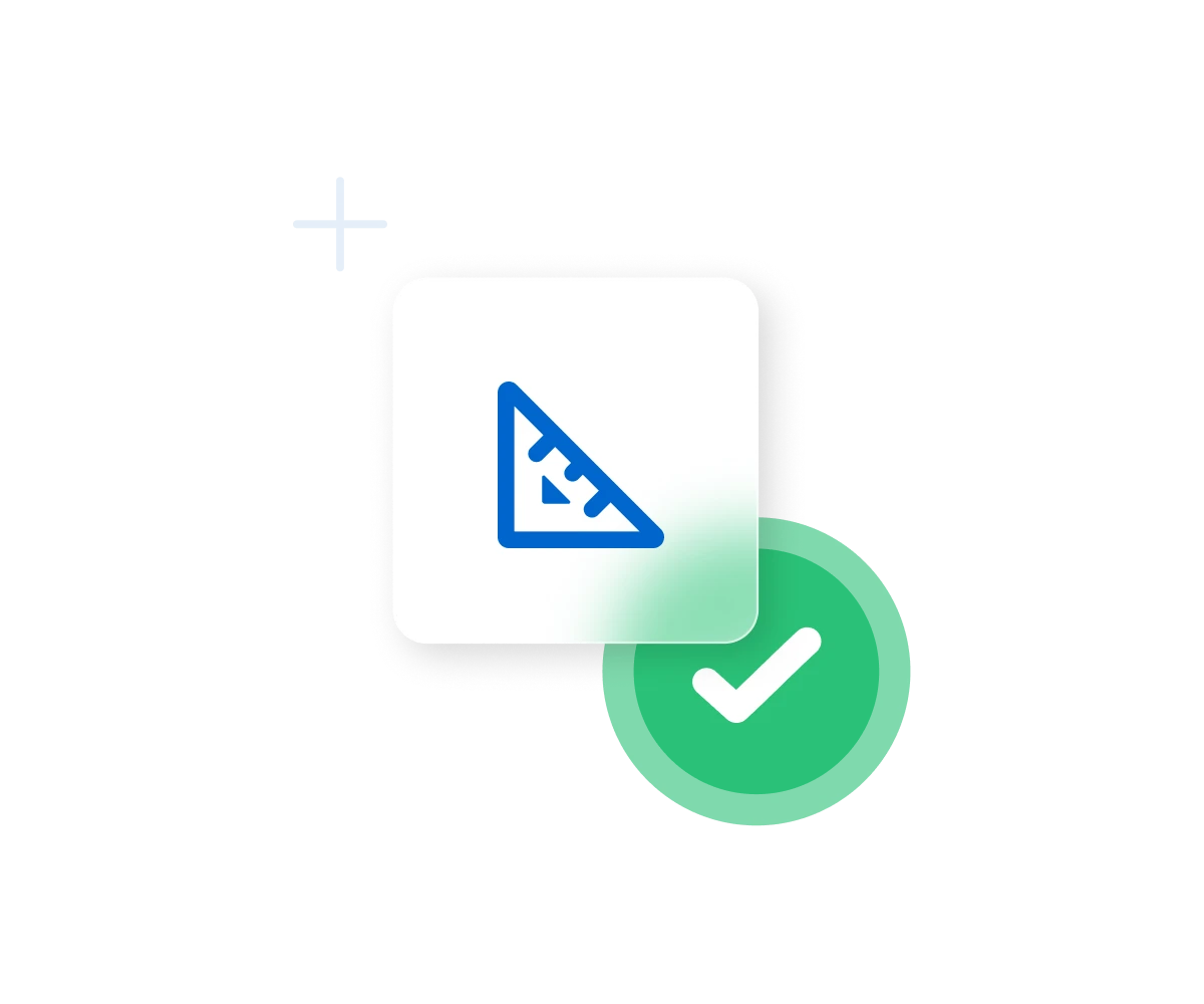 Blue triangle with measurement marks and green checkmark circle indicating successful results or validation