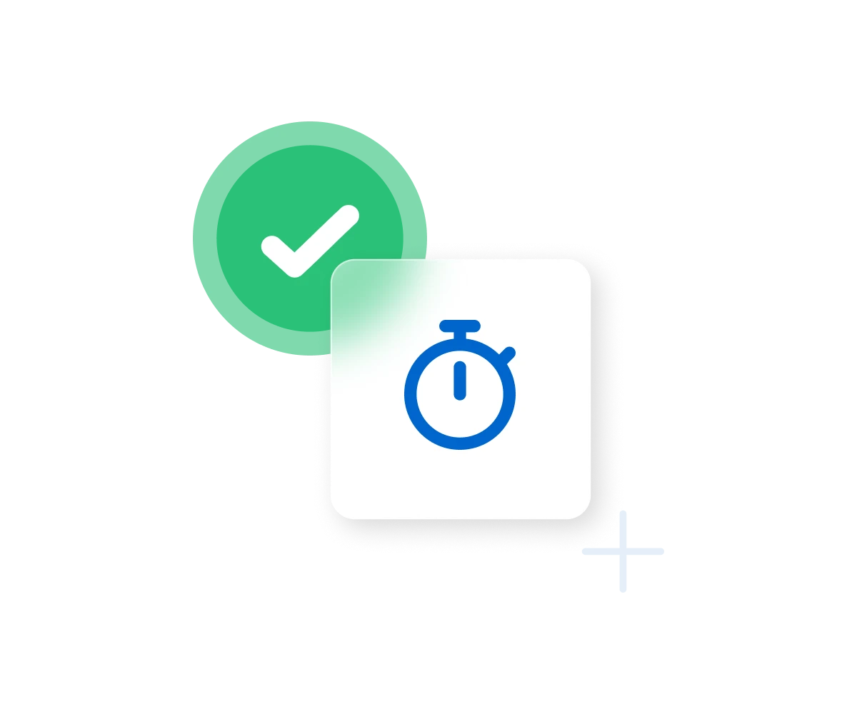 Green checkmark circle and white card with blue stopwatch icon, representing quick start or fast setup