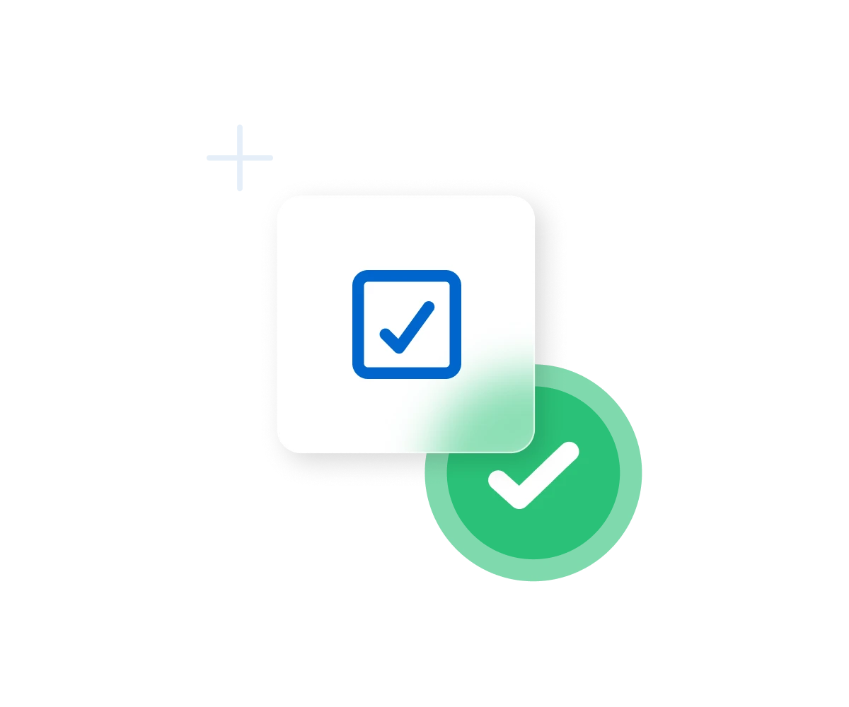Blue checkbox icon in a rounded square and green circular checkmark symbol representing survey completion or form validation