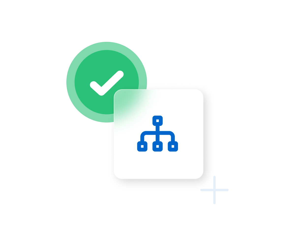 Organizational structure diagram with blue hierarchical chart icon and green checkmark badge