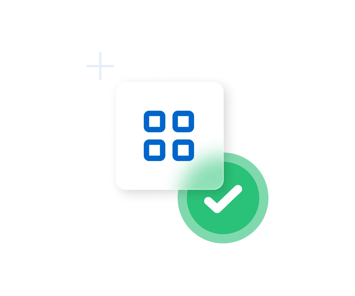 Completed content icon with grid layout and green checkmark badge