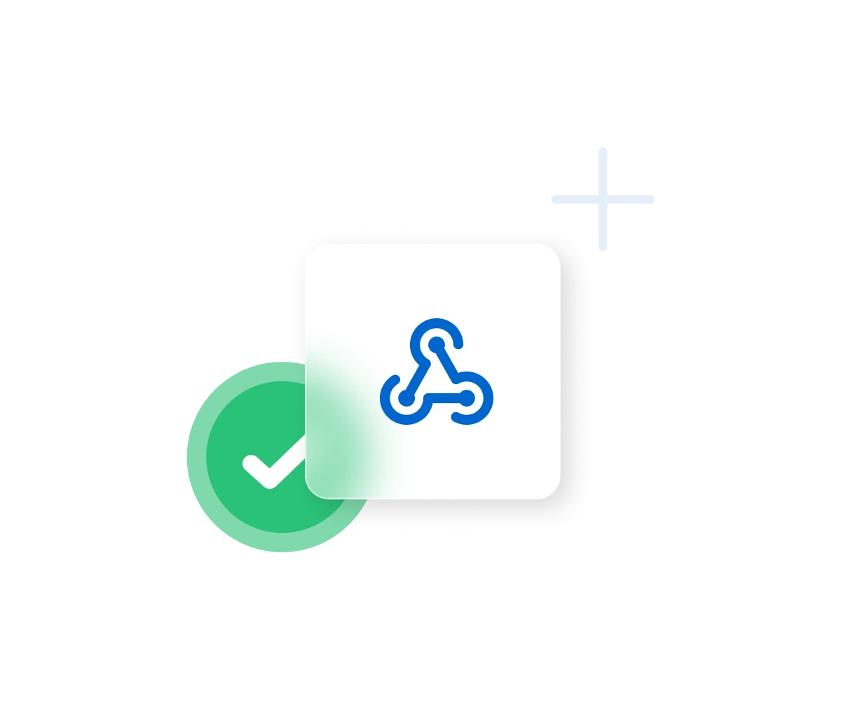 Blue API network icon with three connected nodes inside a white rounded card, accompanied by a green checkmark circle and a plus symbol