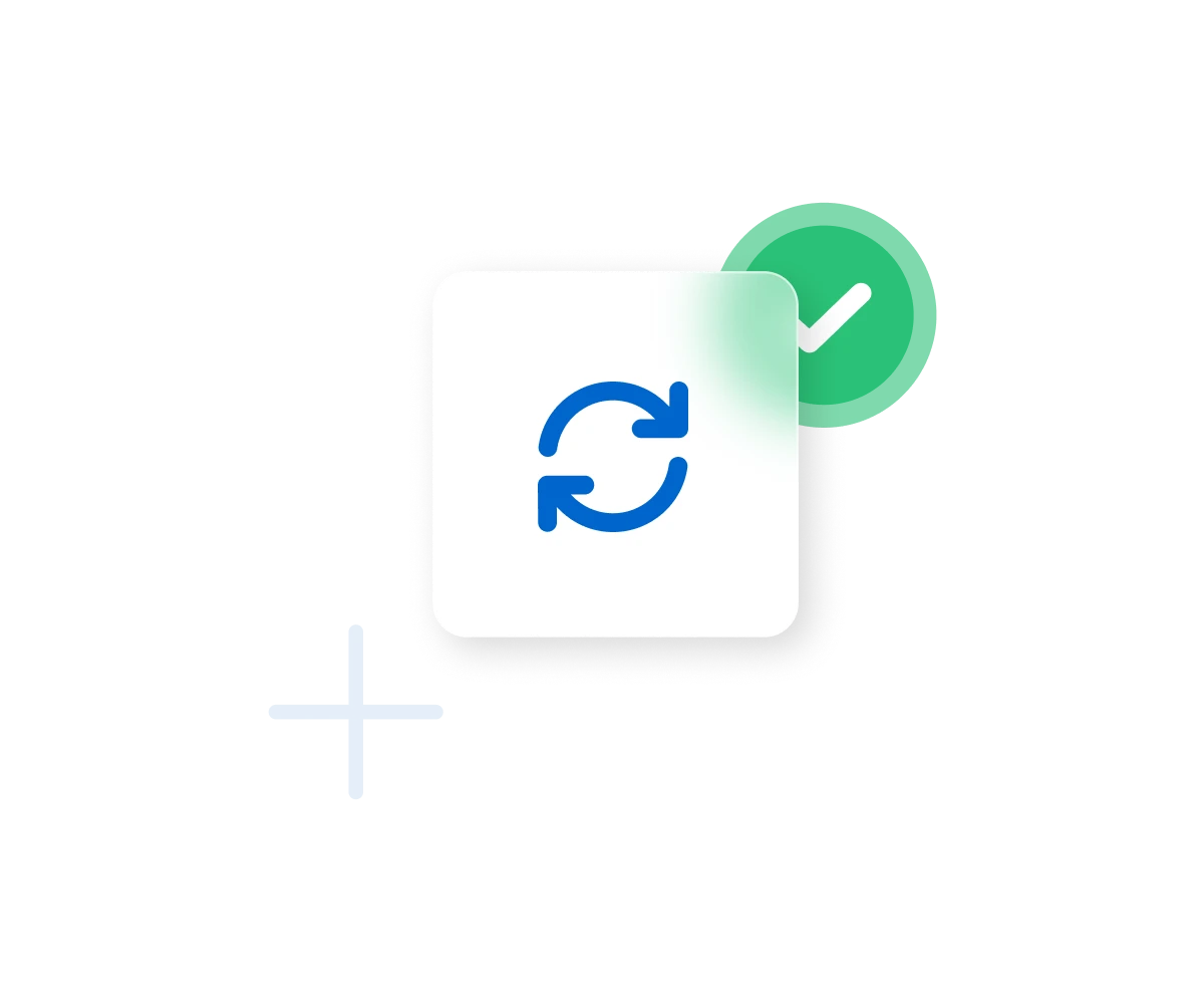 Blue refresh arrow icon on white card with green checkmark circle badge
