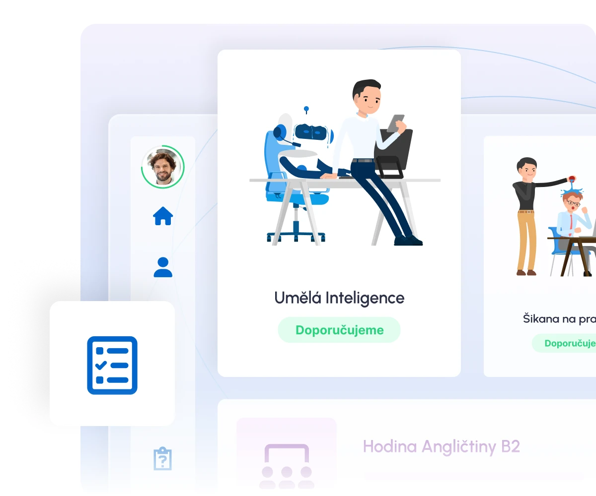 Self-service catalog interface showing Umela Inteligence course with illustrated people, navigation icons, and course options