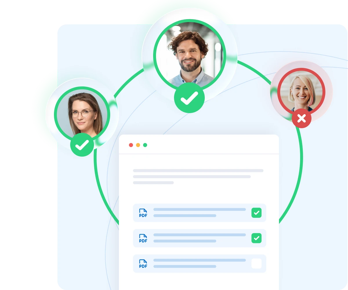 Network diagram showing three people connected by green lines to a document interface with PDF files and approval checkmarks