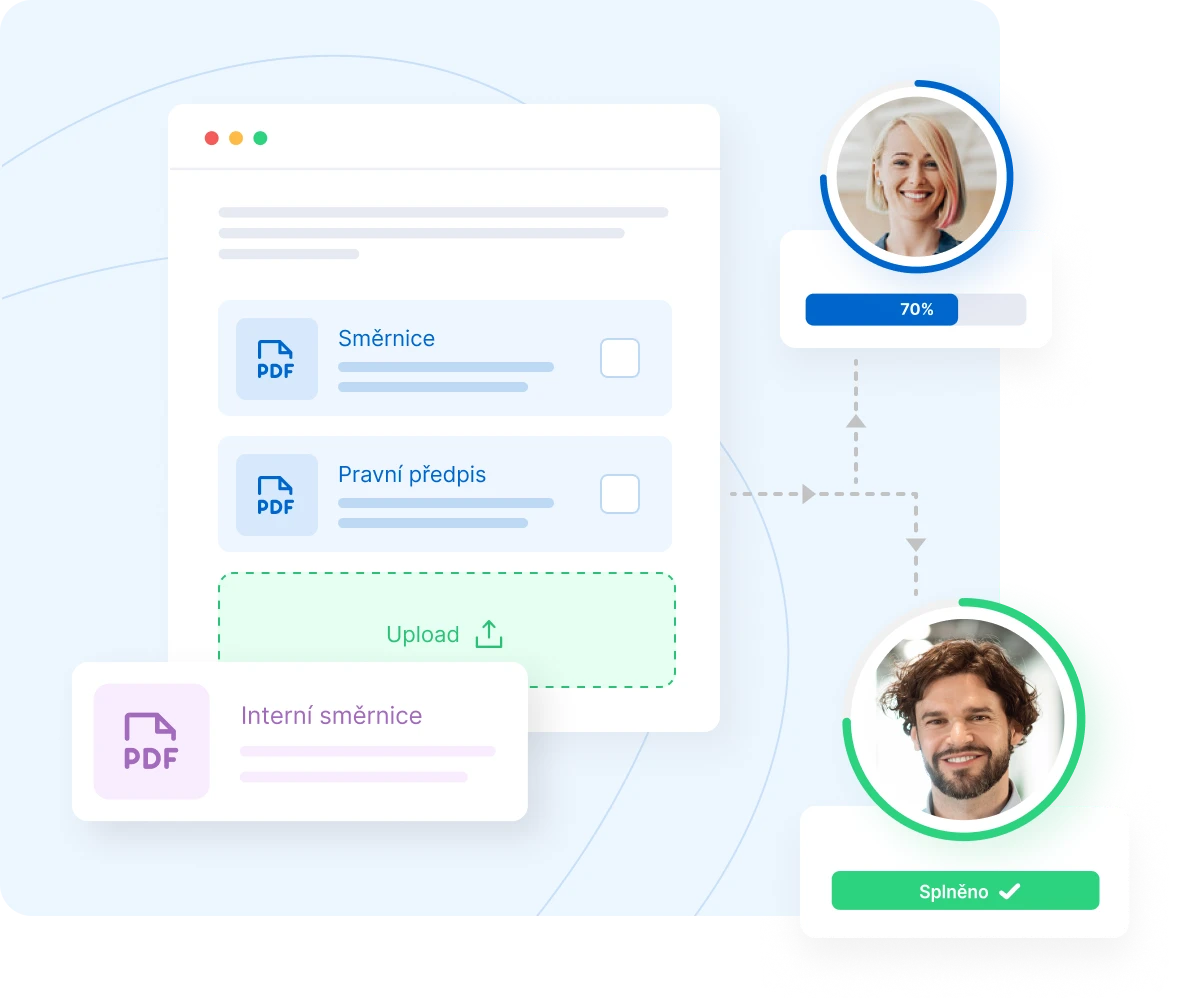 Document approval workflow showing two users exchanging PDF files, with one user at 70% progress and another marked as completed