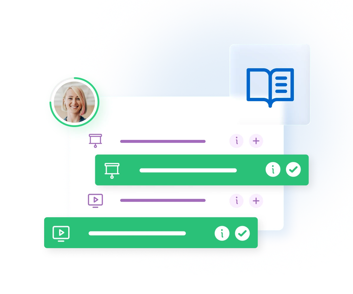 Training catalog interface showing course modules with presentation and video icons, instructor profile, and completion checkmarks