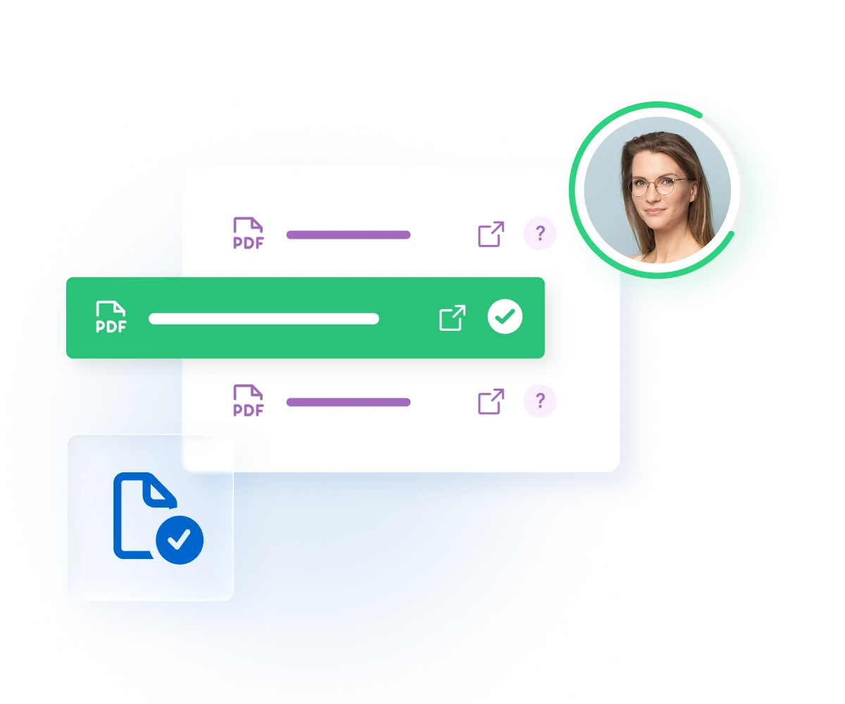 Document management interface with PDF files, one highlighted in green, open-document and help icons, a checkmark button and a user profile photo.