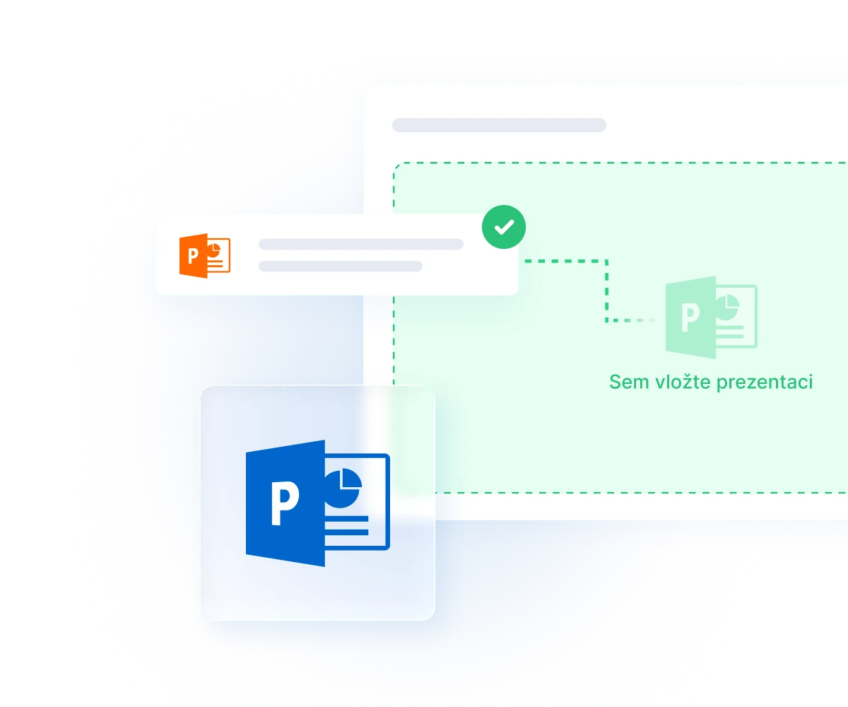 Microsoft PowerPoint icons and interface elements showing presentation creation and learning workflow with checkmark and green accent areas