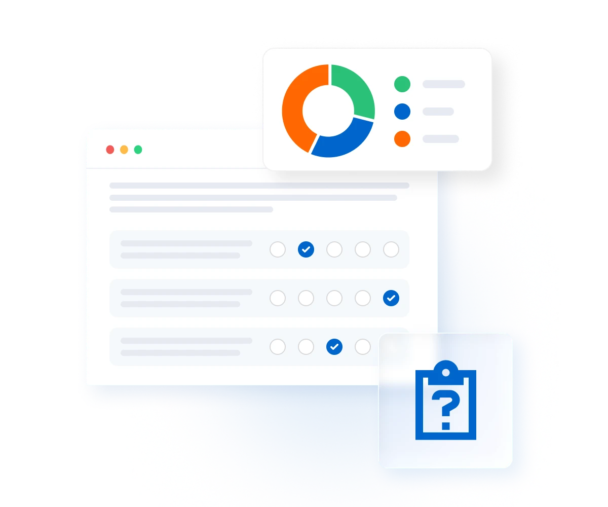 Survey interface with donut chart showing data distribution and multiple choice questions with checkmark selections