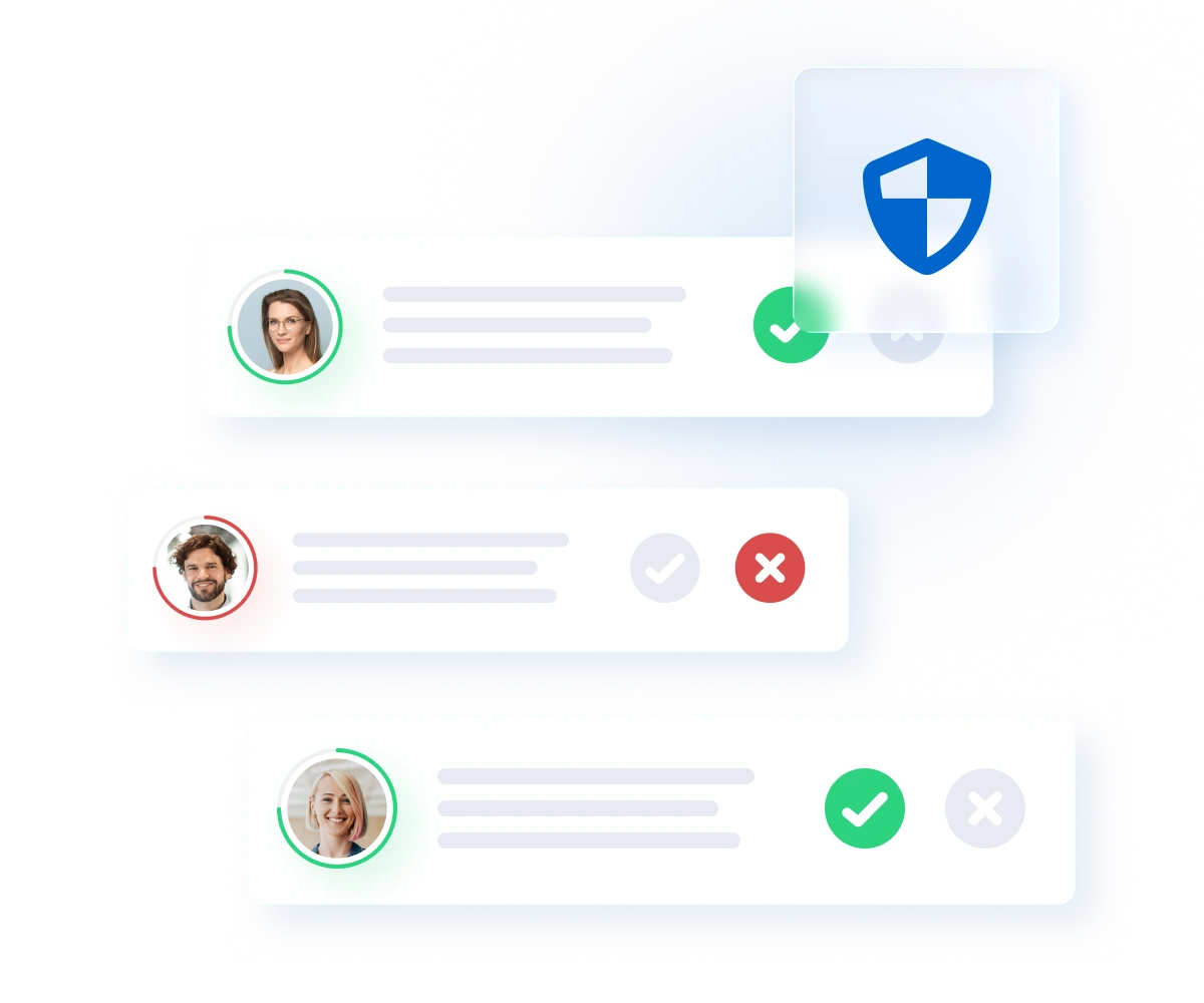 User consent management interface showing three profiles with approval and rejection indicators, a blue shield icon representing data protection and security