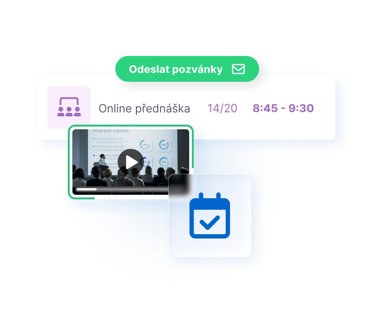 Online lecture interface with a video preview, time 8:45–9:30, a calendar icon and a button for sending invitations.