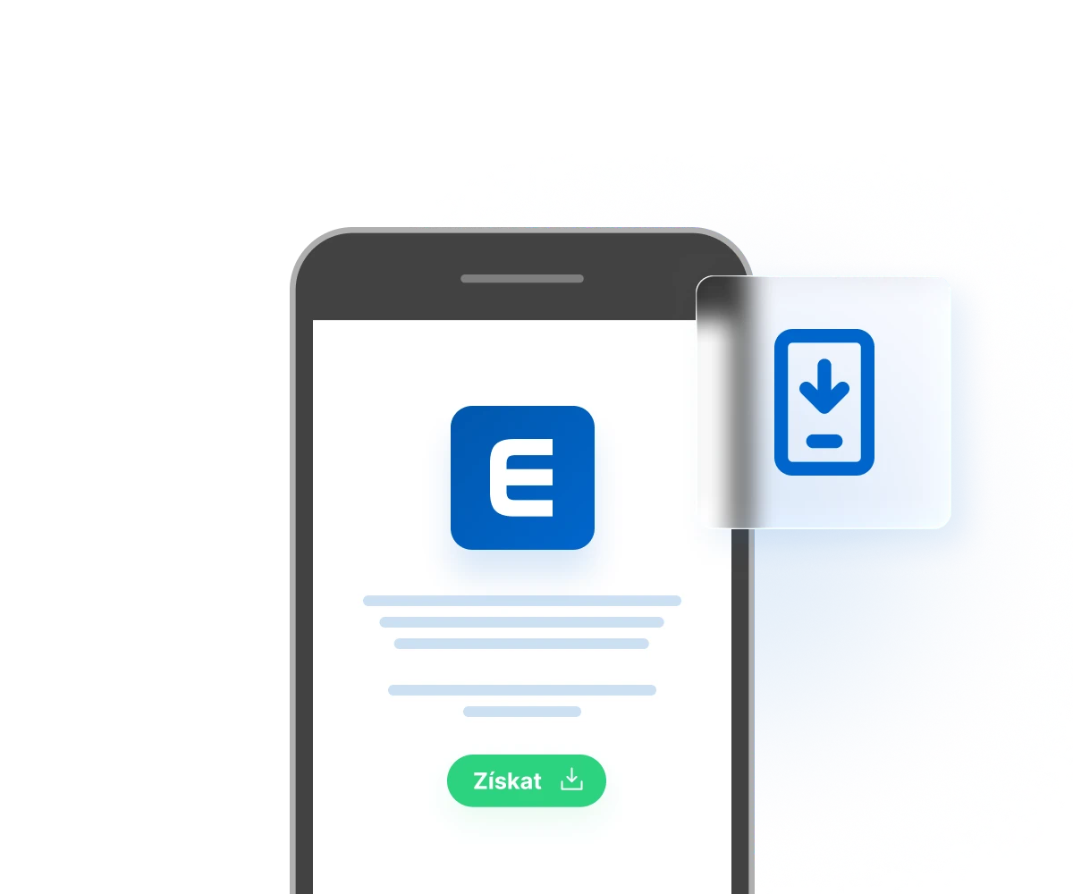 Smartphone displaying a mobile app interface with a blue letter E logo, placeholder text lines, and a green download button labeled "Ziskat" with a download icon
