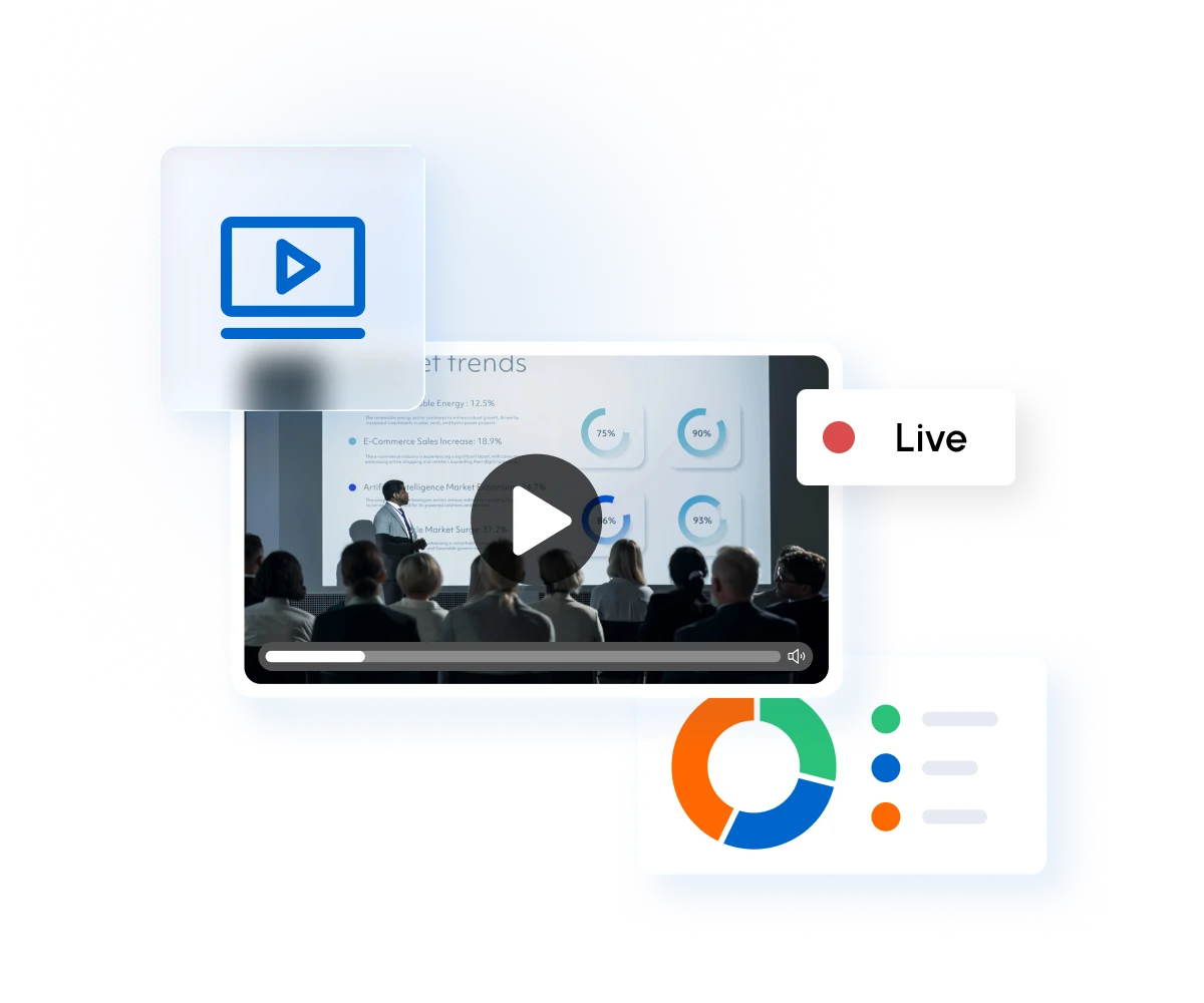 Live webinar video player showing a presenter on stage with market trend charts and analytics dashboard with pie and circular progress charts