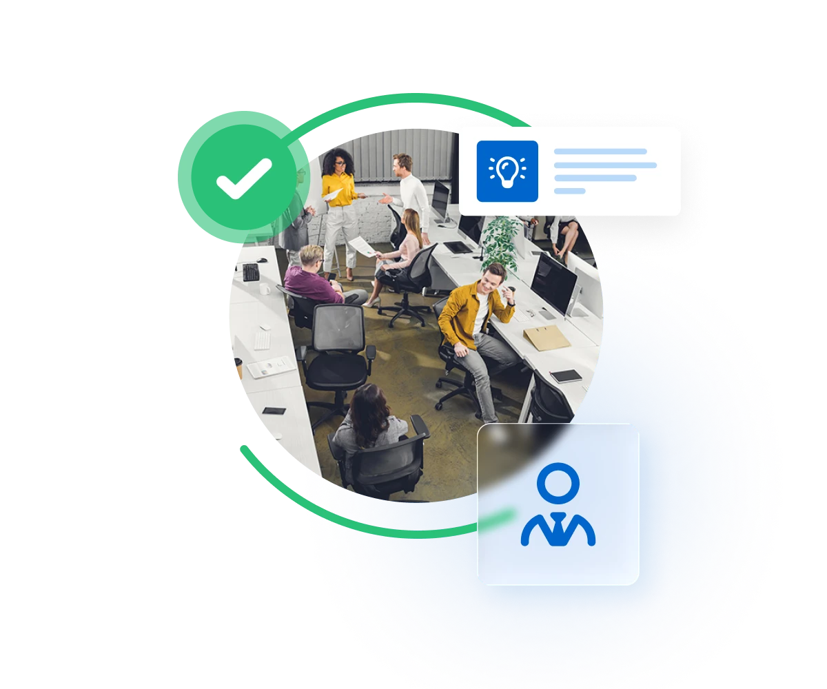 Office team collaborating at desks with green checkmark, lightbulb, and user icons representing administrative workflow and management