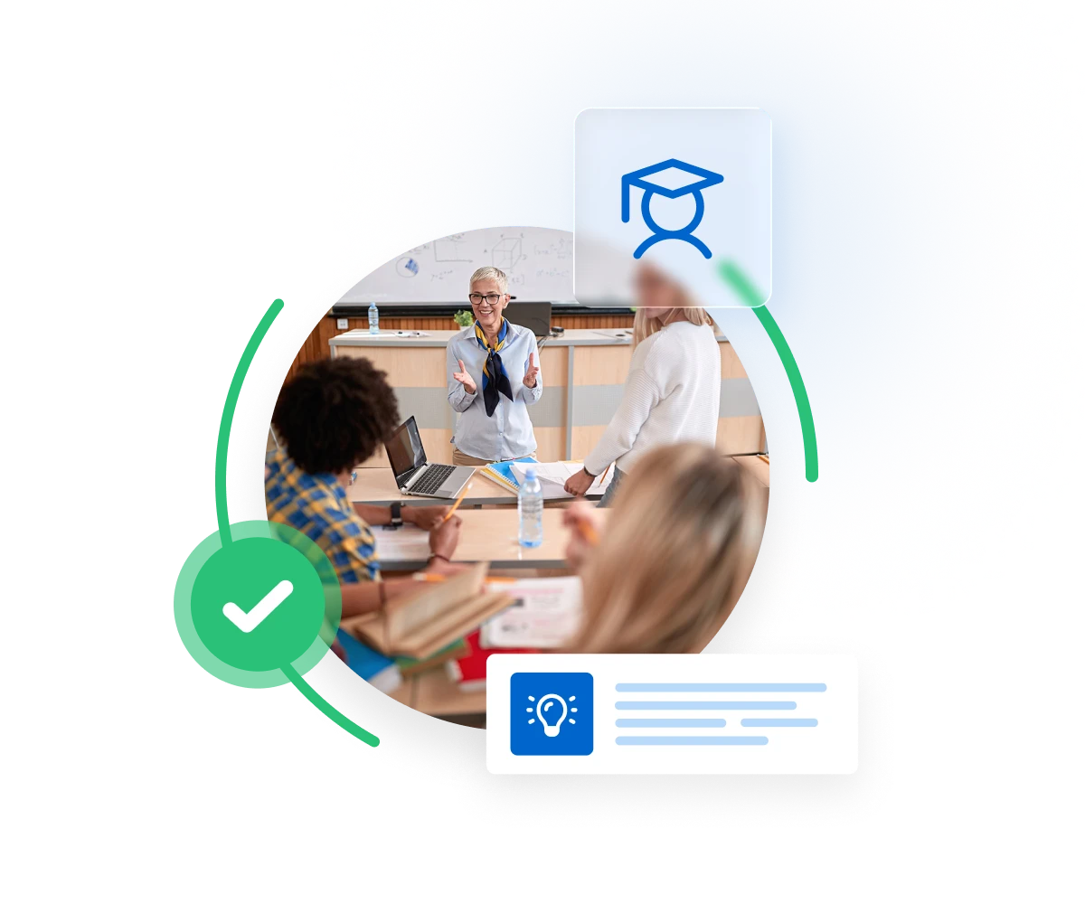 Teacher leading a classroom discussion with students around a table, surrounded by education icons including a graduation cap, checkmark, and lightbulb symbol