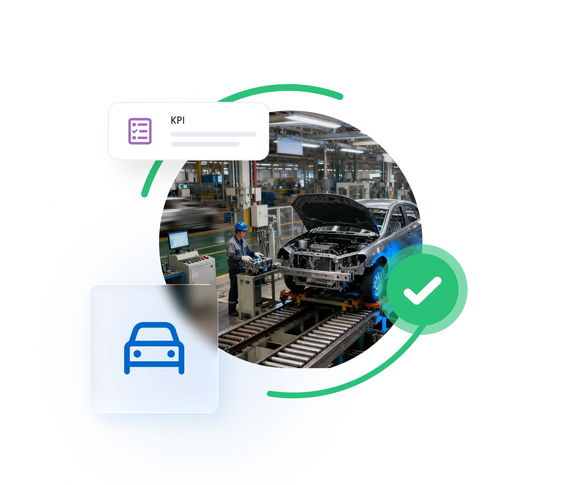 Automotive manufacturing facility with car on assembly line, KPI dashboard, and quality check icon