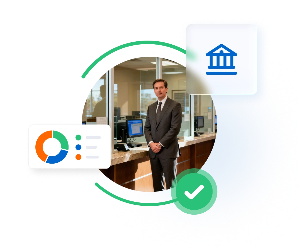 Businessman in suit standing at bank counter with financial chart, bank building icon, and checkmark symbol representing banking services