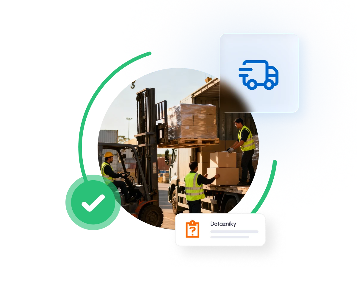 Warehouse workers in safety vests loading wooden pallets onto a forklift truck, with a blue delivery truck icon and green checkmark symbol indicating logistics service completion