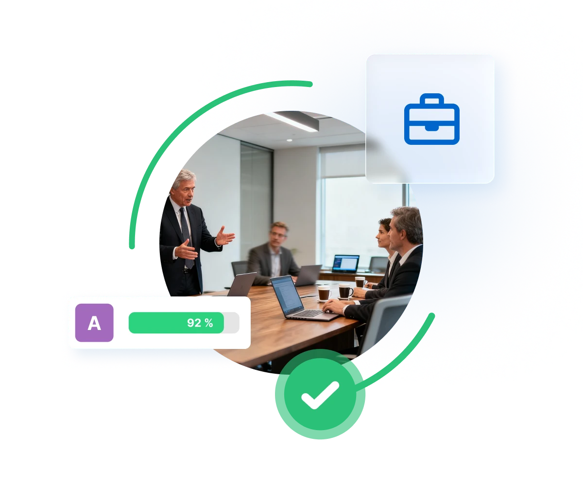 Business meeting with professionals at a conference table, surrounded by green checkmark and briefcase icons indicating success and business solutions