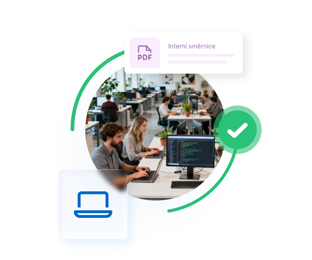 Tech company office with developers working at desks, surrounded by PDF document, laptop, and checkmark icons representing internal guidelines
