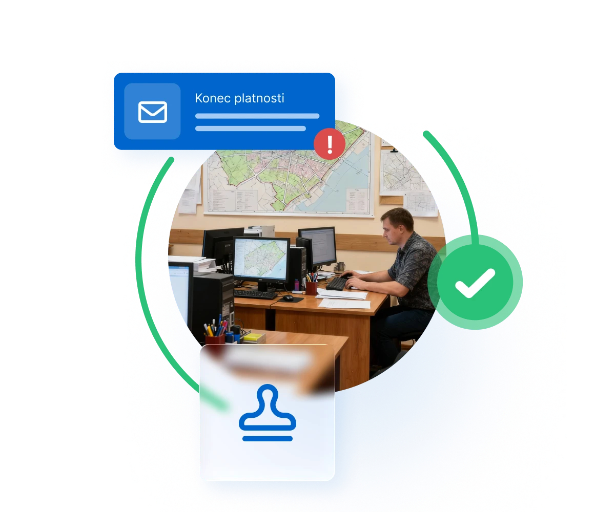 Man working at desk in government office with map on wall, surrounded by icons for email notification, approval checkmark, and stamp symbol