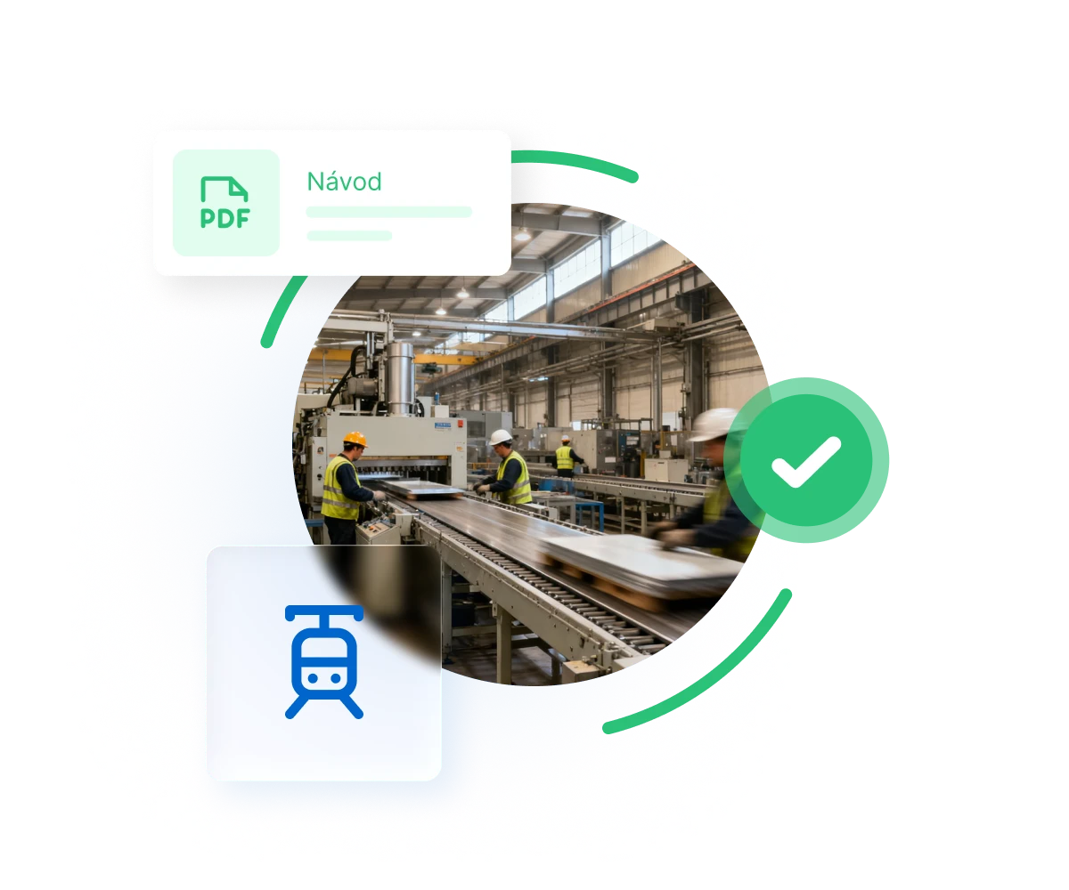 Factory workers in safety gear operating industrial machinery on a production line, with PDF guide and quality check icons