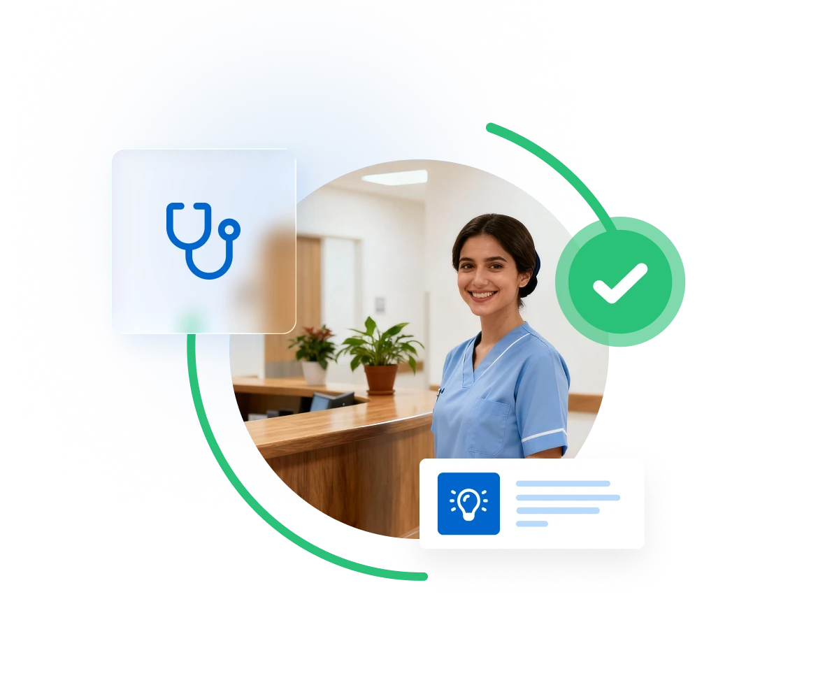Healthcare professional in blue scrubs at medical office reception desk with stethoscope icon, checkmark, and lightbulb symbols